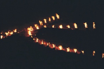 Daimonji Bon fire festival. Japanese charactor DAI is set fire on the mountain 16th Aug. please double click here, there are a view of present Daimonji mountain.